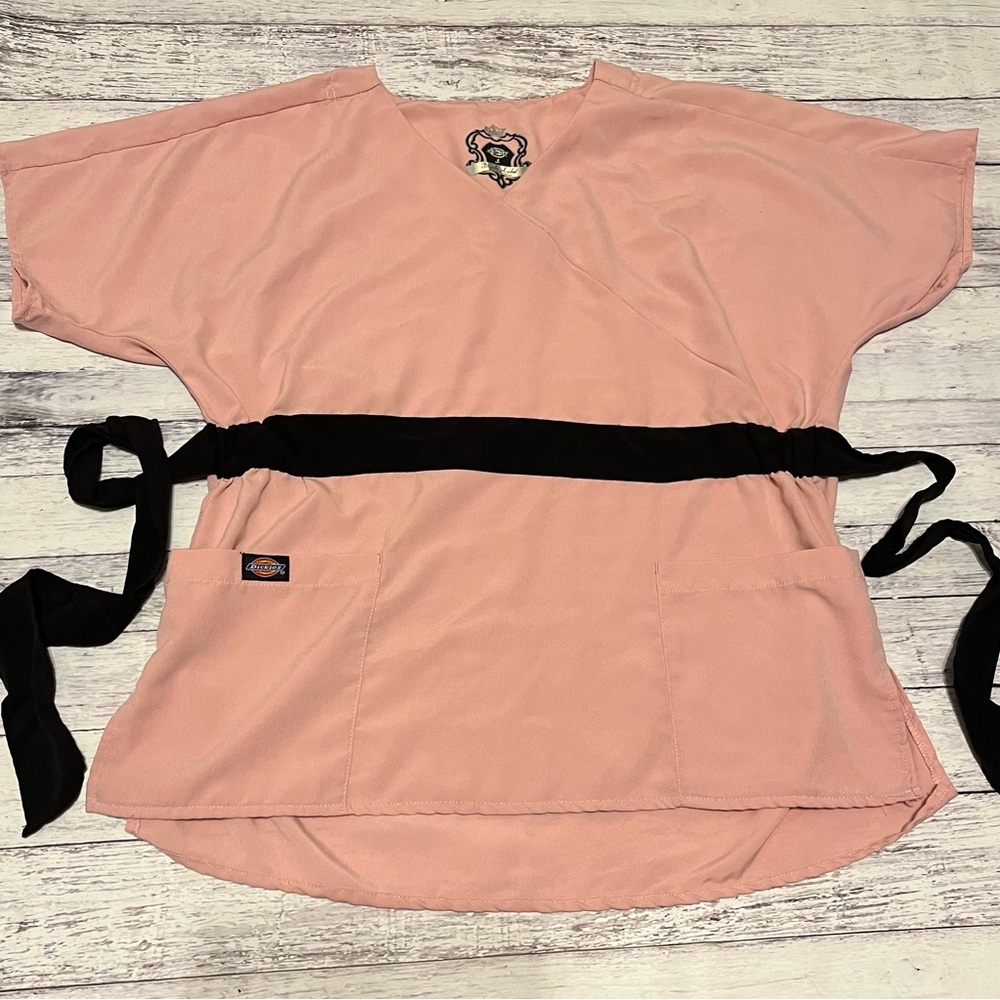 Dickies Pink Wrap Medical Scrub Top with Black Tie